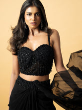 Load image into Gallery viewer, Black georgette saree with hand embroidered blouse