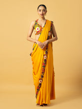 Load image into Gallery viewer, Golden yellow modal satin saree with multi coloured 3D work on blouse and saree edge