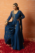 Load image into Gallery viewer, Blue Hand Embroidered Jacket Sharara part Saree Set