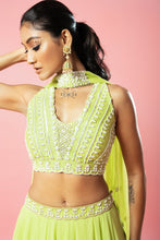 Load image into Gallery viewer, Lime green embroidered lehenga with choker style dupatta