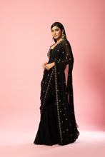 Load image into Gallery viewer, Black hand-embroidered saree set