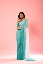 Load image into Gallery viewer, Featuring a Teal and powder blue ombre pre-stitched saree