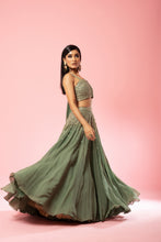 Load image into Gallery viewer, Sage green drape lehenga set
