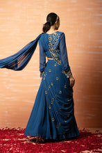 Load image into Gallery viewer, Blue Hand Embroidered Jacket Sharara part Saree Set
