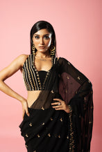 Load image into Gallery viewer, Black hand-embroidered saree set