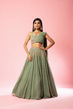 Load image into Gallery viewer, Sage green drape lehenga set