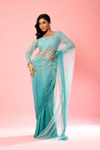 Load image into Gallery viewer, Featuring a Teal and powder blue ombre pre-stitched saree
