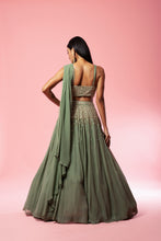 Load image into Gallery viewer, Sage green drape lehenga set