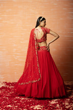 Load image into Gallery viewer, Red Hand Embroidered Net Lehenga Set