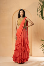 Load image into Gallery viewer, Peach embroidered pre-stitched drape ruffle saree