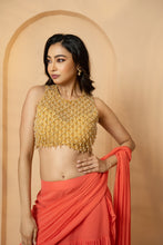 Load image into Gallery viewer, Peach embroidered pre-stitched drape ruffle saree