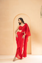 Load image into Gallery viewer, Red embroidered pre-stitched drape corset saree
