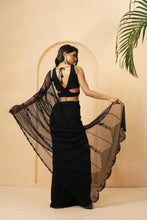 Load image into Gallery viewer, Black embroidered pre-stitched drape saree
