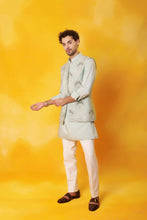 Load image into Gallery viewer, Grey Kurta and 2 in 1 open Nehru Jacket with Dori Embroidery with Ivory Trouser