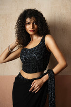 Load image into Gallery viewer, Predraped , black hand embroidered georgette saree