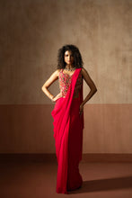 Load image into Gallery viewer, Predraped , fuschia pink , embroidered georgette saree with corset blouse