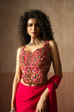 Load image into Gallery viewer, Predraped , fuschia pink , embroidered georgette saree with corset blouse