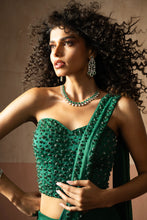 Load image into Gallery viewer, Predraped, emerald green hand embroidered satin saree with corset blouse
