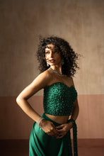 Load image into Gallery viewer, Predraped, emerald green hand embroidered satin saree with corset blouse