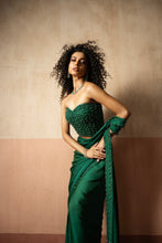 Load image into Gallery viewer, Predraped, emerald green hand embroidered satin saree with corset blouse