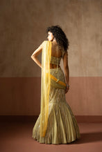 Load image into Gallery viewer, Fishtail style , sage green & pastel yellow hand embroidered , net &georgette...