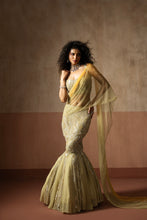 Load image into Gallery viewer, Fishtail style , sage green & pastel yellow hand embroidered , net &georgette...