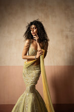 Load image into Gallery viewer, Fishtail style , sage green & pastel yellow hand embroidered , net &georgette...