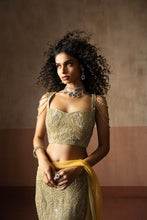 Load image into Gallery viewer, Fishtail style , sage green & pastel yellow hand embroidered , net &georgette...