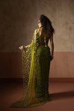 Load image into Gallery viewer, Predraped , mehendi green , hand embroidered net & satin saree