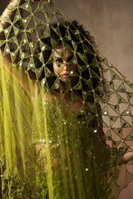Load image into Gallery viewer, Predraped , mehendi green , hand embroidered net & satin saree
