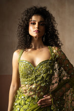 Load image into Gallery viewer, Predraped , mehendi green , hand embroidered net & satin saree