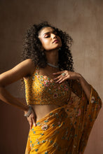 Load image into Gallery viewer, Predraped , mustard yellow , hand embroidered net & georgette saree