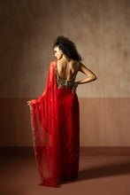 Load image into Gallery viewer, Predraped , red , hand embroidered net & georgette saree with golden blouse