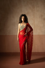 Load image into Gallery viewer, Predraped , red , hand embroidered net & georgette saree with golden blouse