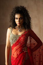 Load image into Gallery viewer, Predraped , red , hand embroidered net & georgette saree with golden blouse