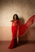 Load image into Gallery viewer, Predraped , red , hand embroidered net & georgette saree with golden blouse