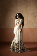 Load image into Gallery viewer, Fishtail style , white & multicoloured hand embroidered georgette fishtail s...
