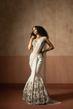 Load image into Gallery viewer, Fishtail style , white & multicoloured hand embroidered georgette fishtail s...