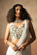 Load image into Gallery viewer, Fishtail style , white & multicoloured hand embroidered georgette fishtail s...
