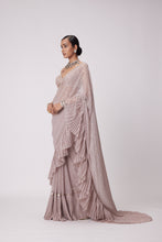 Load image into Gallery viewer, ASH PINK FRILL SAREE SET