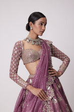 Load image into Gallery viewer, MUD MAUVE SEQUIN AND FLOWER EMBROIDERED LEHENGA SET