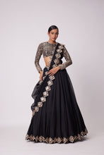 Load image into Gallery viewer, BLACK ORGANZA MIRROR EMBROIDERED LEHENGA SET