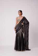 Load image into Gallery viewer, BLACK PRE DRAPED HAND EMBROIDERED SAREE SET