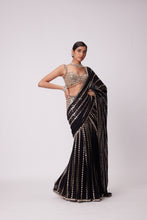 Load image into Gallery viewer, BLACK PRE DRAPED HAND EMBROIDERED SAREE SET