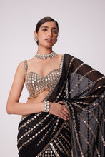 Load image into Gallery viewer, BLACK PRE DRAPED HAND EMBROIDERED SAREE SET