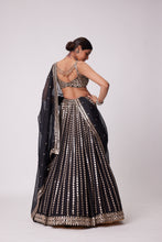 Load image into Gallery viewer, BLACK LINEAR MIRROR EMBROIDERED LEHENGA SET