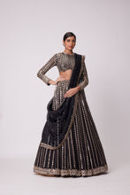 Load image into Gallery viewer, BLACK LINEAR MIRROR EMBROIDERED ORGANZA LEHENGA SET