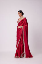 Load image into Gallery viewer, CRIMSON RED SATIN MIRROR EMBROIDERED SAREE SET
