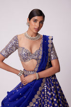 Load image into Gallery viewer, PERSIAN BLUE MIRROR FLOWER EMBROIDERED LEHENGA SET