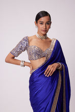 Load image into Gallery viewer, PERSIAN BLUE MIRROR EMBROIDERED SATIN SAREE SET